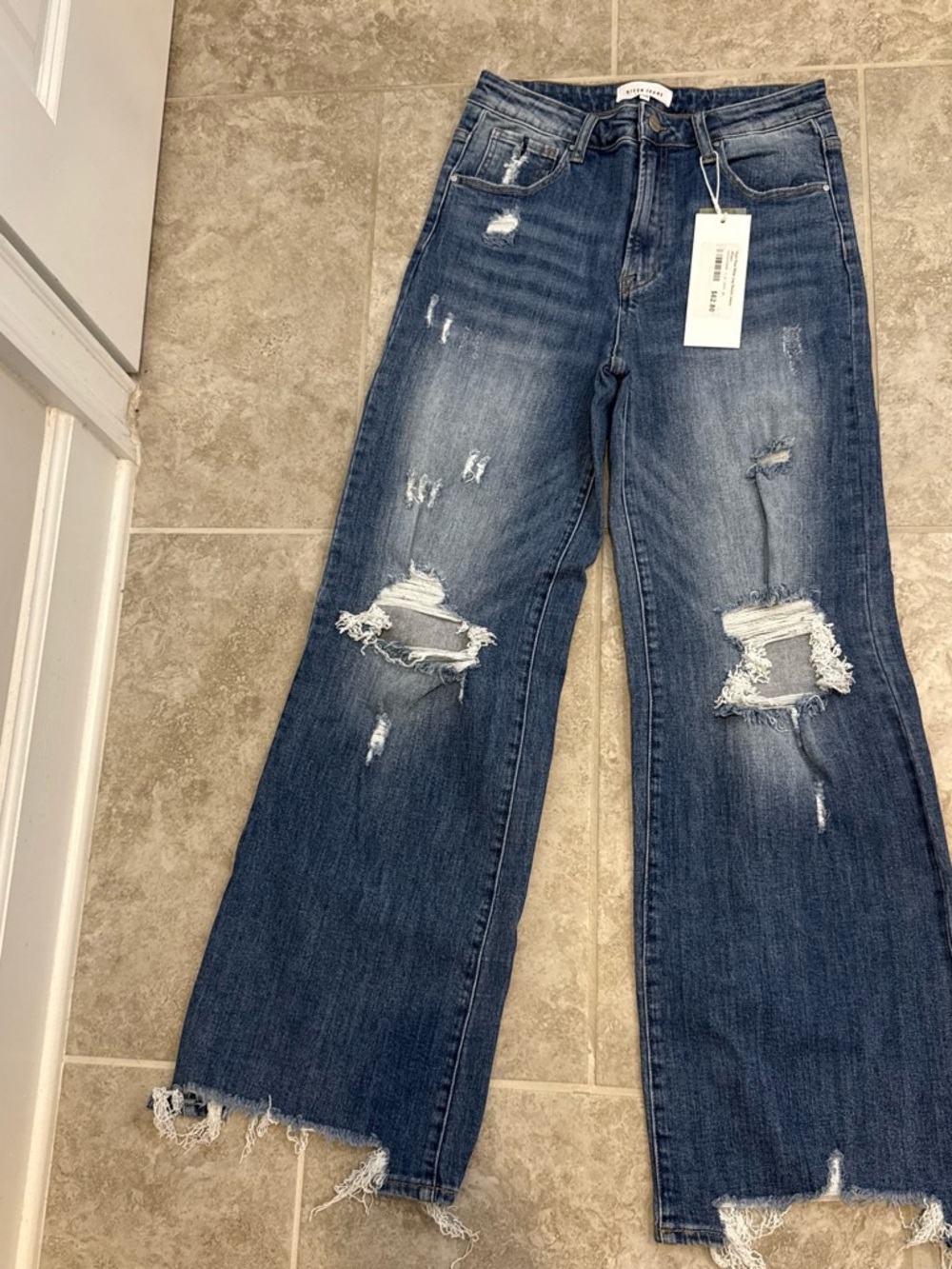 High-Rise Distressed Wide-Leg Jeans - Dark Blue